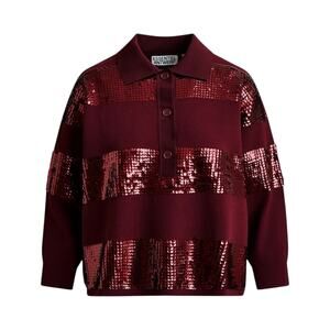 ESSENTIEL ANTWERP Illuminati Sequin Striped Polo Shirt in Wine S